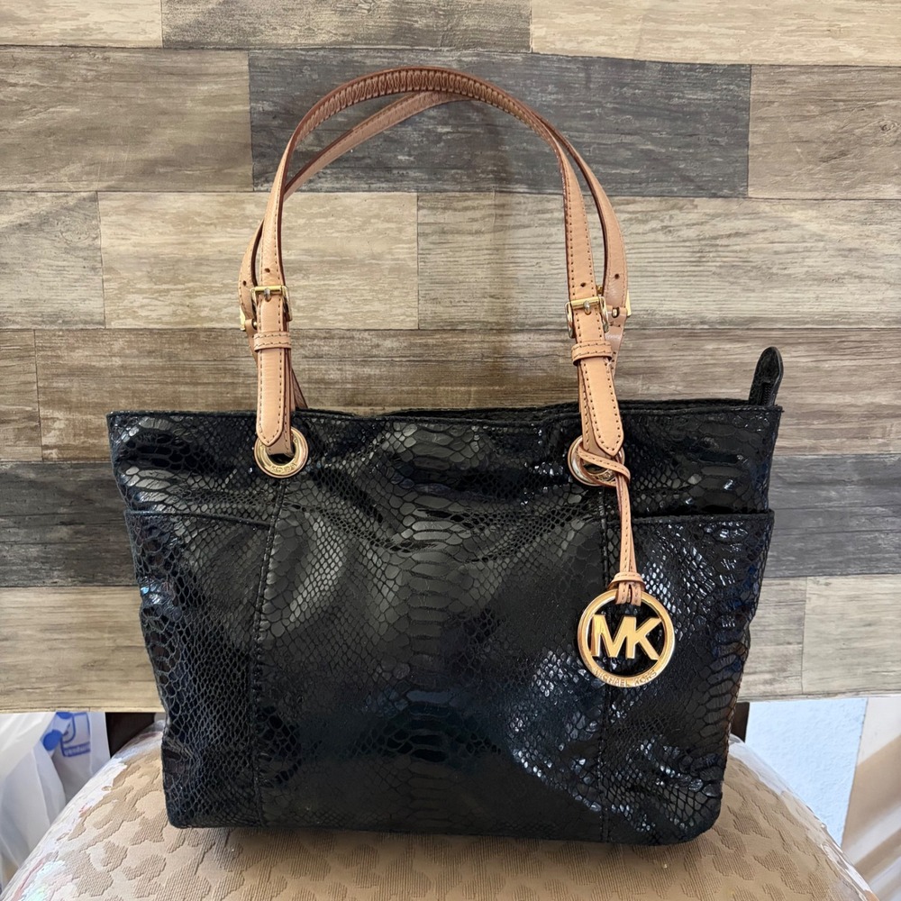 Michael Kors Black Python Embossed Leather Tote Bag Gold Hardware Tan Straps